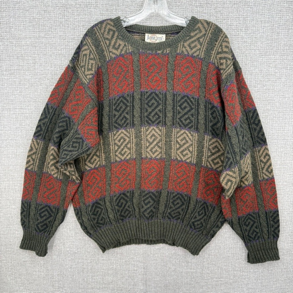 Vtg Jantzen Geometric Abstract Crewneck Sweater Mens L Green Red Coogi Style
